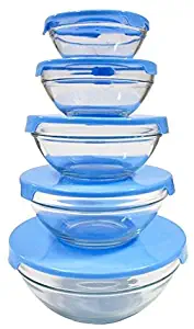 EverTone Milex Home 5-Piece Heavy Duty Glass Bowl Set - Durable, Heat Resistant, Microwave/Dishwasher Safe Bowls With Seal Tops (Blue)