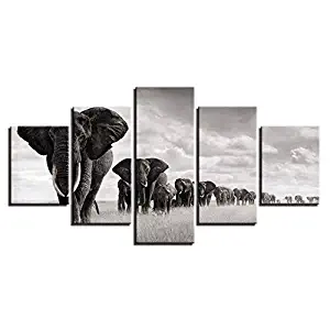 OUPDJ 5 Consecutive Paintings Canvas HD Printed Pictures Home Decor 5 Pieces Elephants Walking On The Grassland Paintings Modular Posters Wall Art