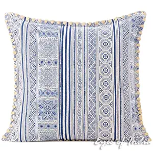 Eyes of India - 16" Blue Indigo Cream Hmong Printed Couch Pillow Cover Cushion Colorful Throw Sofa Indian Bohemian Boho Cover ONLY