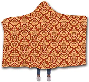 GGXIAO Antique Decor Comfortable Wearable Hooded Blanket,Royal Victorian Damask Pattern Baroque Rococo Old Fashioned Traditional for Bedroom,50"x40"