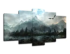Modular Pictures Wall Art Prints 5 Pieces Elder Scrolls V: Skyrim Canvas Movie Painting Home Bedside Background Decor Modern Artwork Poster (No Framed,32in x60in)