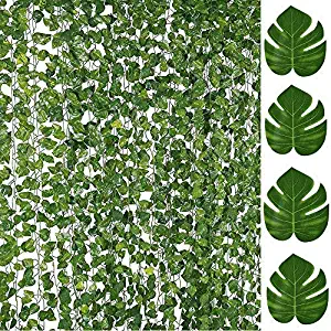 84FT Artificial Vines with Leaves Fake Ivy Foliage Flowers Hanging Garland 12PCS Individual Strands Bonus 12PCS Faux Monstera Tropical Palm Leaves,Home Party Wall Garden Wedding Decors Indoor Outdoor