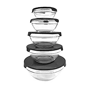 Milex 5-Piece Heavy Duty Glass Bowl Set - Durable, Heat Resistant, Microwave/Dishwasher Safe bowls with Seal Tops (Black)