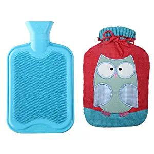 Premium Classic Rubber Hot Water Bottle w/Cute Knit Cover (2 Liter, Blue/Red with Owl)