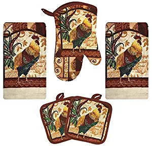 Kitchen Towel Set 5 Piece Towels Pot Holders Oven Mitt Decorative Design Everyday Use (5 Piece Set, Farm Rooster)