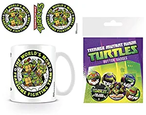 1art1 Teenage Mutant Ninja Turtles, Retro, Fearsome Fighting Team Photo Coffee Mug (4x3 inches) and 1 Teenage Mutant Ninja Turtles, Badge Pack (6x4 inches)