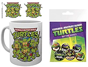 1art1 Teenage Mutant Ninja Turtles, Retro Photo Coffee Mug (4x3 inches) and 1 Teenage Mutant Ninja Turtles, Badge Pack (6x4 inches)