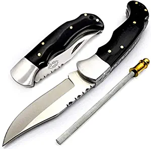 Best.Buy.Damascus1 Buffalo Horn 6.5'' Handmade Stainless Steel Folding Pocket Knife Sliver Bloster with Sharpening Rod Back Lock 100% Prime Quality
