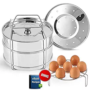 Best Value-Larger Stackable Steamer Insert Pans for your Pressure Cooker,Instant Pot Accessories 6 qt, 8 quart w 2 lids.Perfect Insta Pot in Pot Accessory Set.Bonus-EBook & Trivet/Egg Rack included