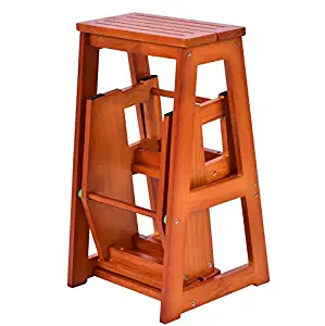 Folding Wooden Step Stool 3 Tiers Portable Ladder Chair Seat Versatile Multifunctional Multipurpose Solid Pine Wood Construction Space Saving Foldable Design Home Kitchen Bathroom Office Furniture