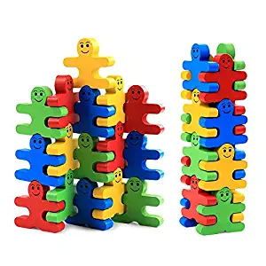 Agirlgle Wood Building Blocks Stacking Game Toys for Kids Children Toddlers Preschool Boys and Girls Learning Educational Toys 3D Wooden Assembled Toys Tile Balance Block Game 4 Color,16 Pieces