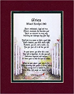 Genie's Poems Aries Clever 8x10 Horoscope Poem, Double-matted in Burgundy/Dark Green and Enhanced with Watercolor Graphics.