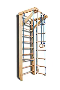 SportBaby Dani Wall Bars SO-02-220, 87 in Wooden Swedish Ladder Set: Pull Up Bar, Hanging Rings, Trapeze and Rope Ladder for Training and Physical Therapy - Used in Homes, Gyms, Clinic, and Schools