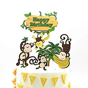 PureArte DIY Happy Birthday Monkey Animal Jungle Theme Cake Topper Birthday Baby Shower Decoration Set For Kids Party Decoration Props