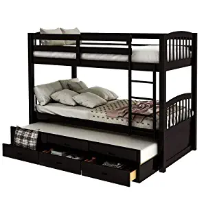 Twin Over Twin Wood Bunk Bed with Trundle and Drawers, WeYoung Twin/Twin with Four-Step Ladder and Full Length Guardrails, No Box Spring Needed (Espresso)