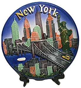 New York City Souvenir Plate with 3D Statue of Liberty, Empire State Bldg. Freedom Tower, Brooklyn Bridge & NYC Taxi - New York City Souvenirs