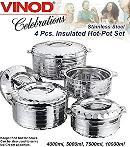 Vinod VHP-4PC 4-Piece Insulated Casserole Food Warmer/Cooler Hot Pot Gift Set, 4000mL+5000mL+7500mL+10000mL, Stainless Steel