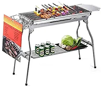 XSWZAQ Stainless Steel BBQ Charcoal Grill Smoker Barbecue Folding Portable for Outdoor Cooking Camping Hiking Picnics Backpacking Large, Silver