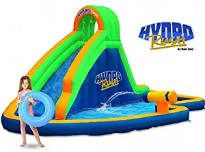 Blast Zone Hydro Rush - Inflatable Water Park with Blower - Curved Slide- Splash Area - Water Cannon - Climbing Wall