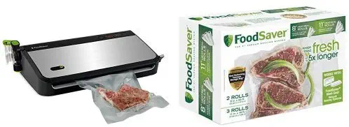 FoodSaver FM2435-ECR Vacuum Sealing System with Bonus Handheld Sealer and Starter Kit, Silver & FoodSaver 8" & 11" Rolls with unique multi layer construction, BPA free, Multi-Pack