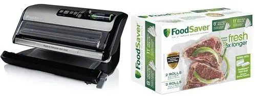 FoodSaver New FM5000 Series 2-in-1 Vacuum Sealing System Plus Starter Kit, FM5200 & FoodSaver 8" & 11" Rolls with unique multi layer construction, BPA free, Multi-Pack