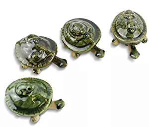 KT Feng Shui Design Set of 4 Ceramic 3" Green Mini Bobble Head Turtle Statue Figurine for Longevity for Home, Office, Car Dashboard Decor (4F15103)