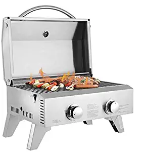 CAIDE-STORE Tabletop Stainless Steel 2-Burner Gas Grill Portable 2000 BTU BBQ Grid with Foldable Legs for Outdoor Camping Picnic