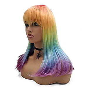 DINIFER Short Shoulder Length 18 Inch Straight Heat Resistant Synthetic Hair Ombre Bangs Rainbow Cosplay Wigs