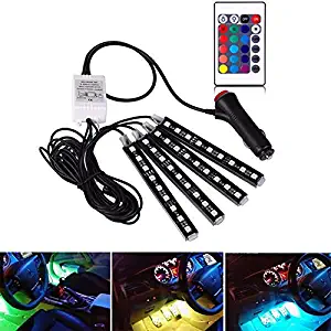 Quayub Car LED Strip Light, 4 Pieces 36 LED DC 12V Multicolor Music Car Interior Light Under Dash Lighting Kit with Wireless Remote Control Car Charger(Without Sound Active Function)