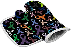 Thewar Cancer Awareness Ribbon Heat Resistant Kitchen Pot Holder and Oven Mitt Set Insulation Oven Glove and Potholder Perfect for Cooking Baking Grilling BBQ