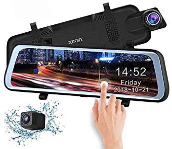 10 inch Car Dash Cam DVR Rear View Mirror Full Touch Screen Stream Media Dual Lens 1080P HD Night Vision Dash Camcorder, Auto Driving Recorder G-Sensor, Rear Parking Reversing Cameras