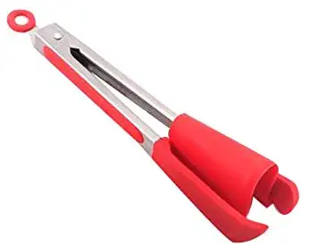Pstars 2 in 1 Spatula & Tongs, Non-Stick, Heat Resistant, Stainless Steel Frame, Food Grade Silicone & Dishwasher Safe, Multifunctional Kitchen Aid & BBQ Gadget (Red M)