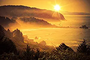 Golden California Coastal Sunset with Misty Fog 9016032 (18x12 Gallery Quality Metal Art)