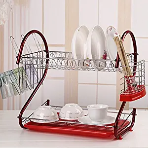 2 Tier Dish Drying Rack, Dish Holder Rack, kitchen Dish Drying Rack, Stainless Steel Dish Drying Rack (Red2)