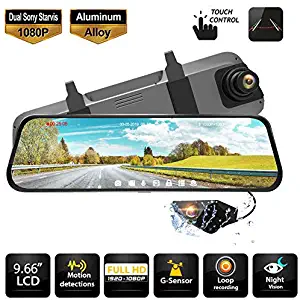 Rearview Mirror Dash Cam Dual Sony Starvis 1080P Front & Backup Camera 9.66" IPS Touch Screen Mirror Camera, G-Sensor, WDR and Night Vision