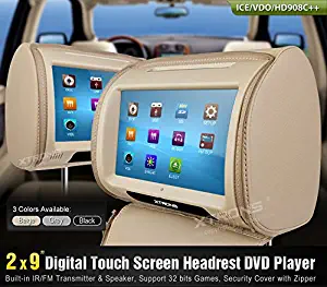 XTRONS Beige 2 X 9 Twin Car Headrest DVD Player Pillow HD Touch Screen Monitor MP3 Game Disc IR Headphones