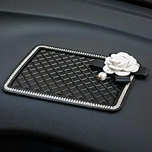 Pursuestar Car Bling Crystal Extra Thick Sticky Anti-Slip Pad Non-Slip Dashboard Pearl Camellia Rose Flower Mat for Cell Phones, Sunglasses, Keys, Coins and More