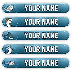 100 Mini Personalized Waterproof Custom Name Tag Labels (Sharks) - Multipurpose Marking for All Ages - Camping Gear, Luggage, Kindergarten