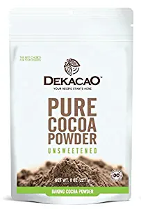 Dekacao Unsweetened Pure Cocoa Baking Powder - Gluten & Dairy Free - 100% Premium Criollo Cacao | Kosher | Great for Cakes, Cookies, Decorations, and Drinks | 8 oz