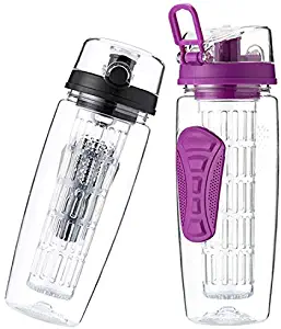 Fruit Infuser Water Bottle 32 oz: Flavored Water & Tea Infusion for Hydration, Protein Shake Sports Container, Leak-Proof Lid, Long Infuser Basket – with Sleeve, Cleaner Brush -Purple
