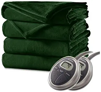 Sunbeam Luxurious Velvet Plush Queen Heated Blanket with 20 Heat Settings, Auto-Off, 2-Digital Controllers, 5 Yr Warranty - Ivy Green