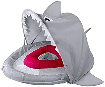 SwimSchool Sparky-The-Shark Fabric Baby Pool Float, Splash & Play Activity Center, Dual Air Pillow Chambers with Retractable Canopy and Safety Seat, Baby Float, UPF 50, 6 To 24 Months, Gray