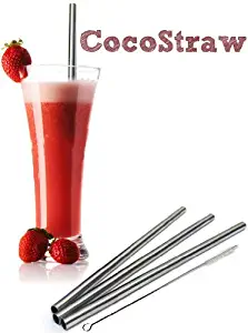 4 Stainless Steel Wide Smoothie Straws - CocoStraw Large Straight Frozen Drink Straw - 4 Pack + Cleaning Brush (4)