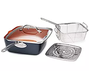 Gotham Steel Titanium Ceramic 9.5&rdquo; Non-Stick Copper Deep Square Frying & Cooking Pan With Lid, Frying Basket, Steamer Tray, 4 Piece Set - Graphite