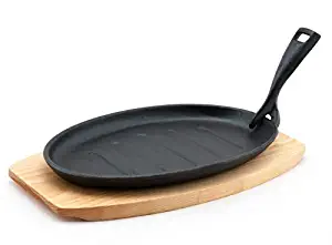 Fuji Merchandise Oval Shape Cast Iron Steak Plate Sizzle Griddle with Wooden Base Steak Pan Grill Fajita Server Plate Home or Restaurant Use Preseasoned Good Quality (10.75" x 7" Oil Coating)