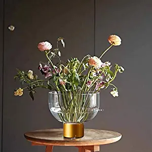 cyl home Vases Clear Glass Flower Arrangement Vase with Brass Stand Decor Bowl Hurricane Candleholder Table Centerpieces for Dining Living Room Wedding Gift, 4.7'' H x 2'' D